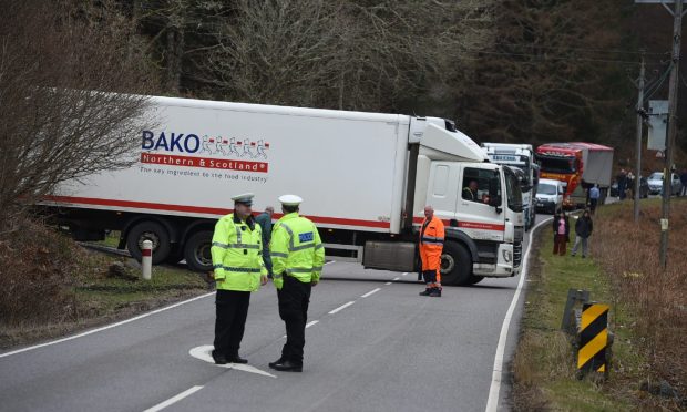 White lorry blocks the A82 south of Invermoriston as traffic builds up.