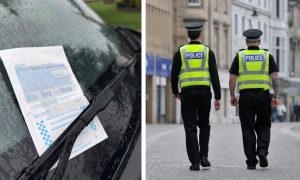 Collage showing parking ticket on windscreen on left and two police officers on Elgin High Street on right.