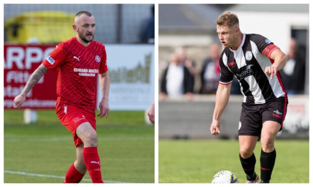 Brora Rangers' Paul Brindle, left, and Wick Academy's Jack Halliday, right, ahead of Brora Rangers v Wick Academy in the Breedon Highland League on April 24 2024.