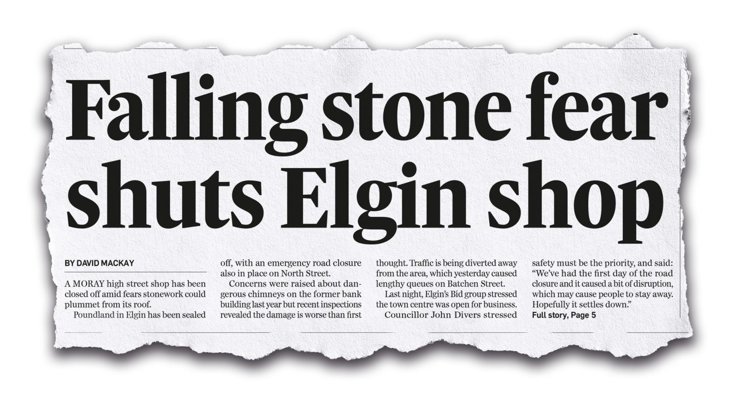 Newspaper clipping reading "falling stone fear shuts Elgin shop"