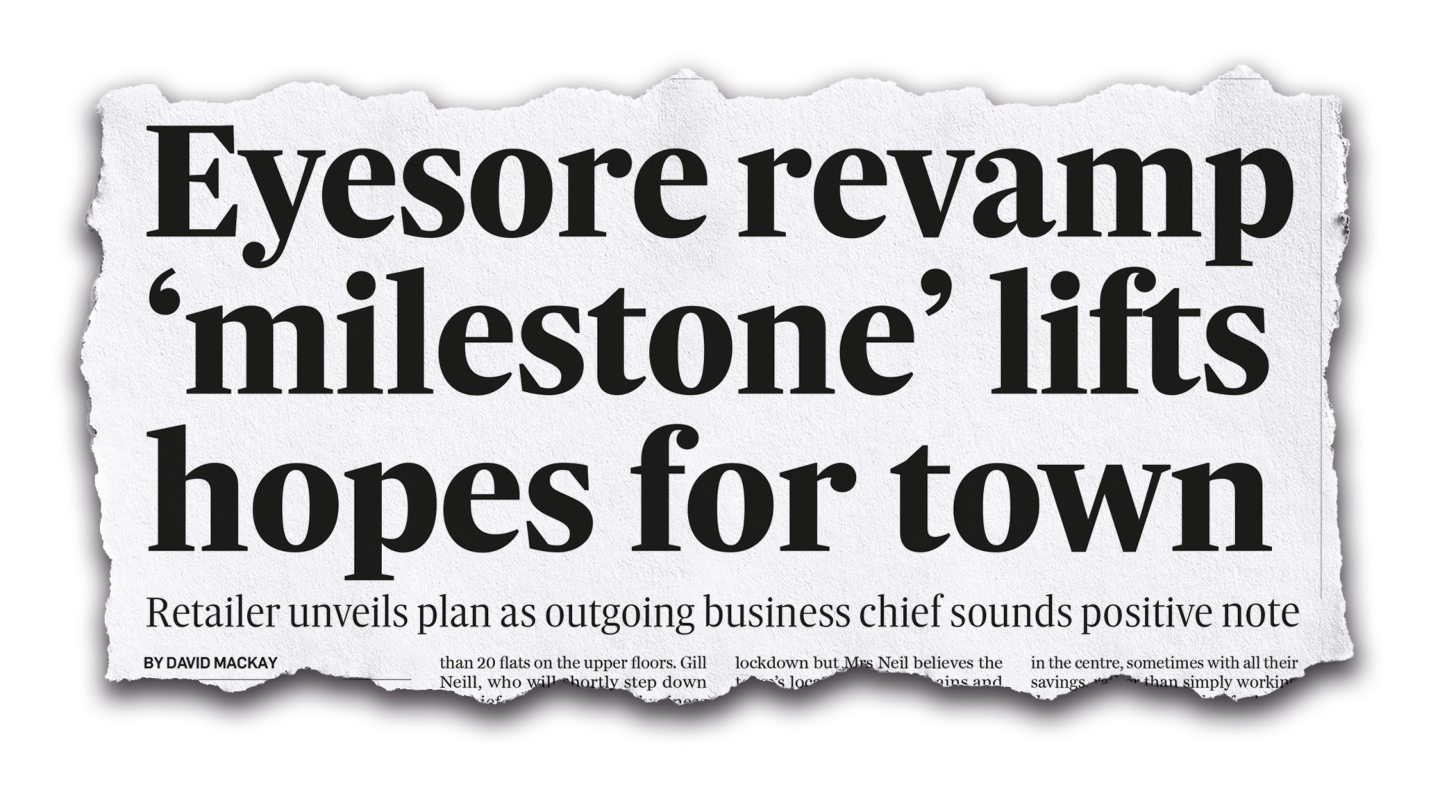Newspaper cutout reading "Eyestore revamp milestone lifts hopes for town"