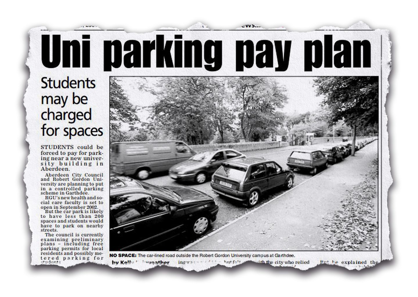 Newspaper clipping from 2001 about Robert Gordon University's Garthdee parking pay plan.