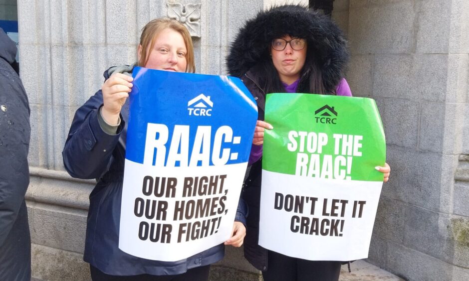 Aberdeen City Council tenants Hayley Urquhart and Marie Edwards at a Raac protest outside Marischal College.
