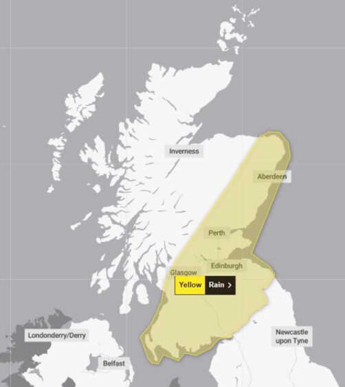 Map showing areas affected by Met Office yellow weather warning for rain