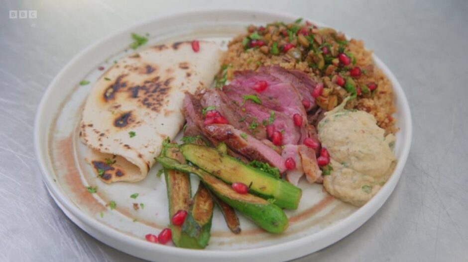 Muir's dish of pan-fried lamb steaks with couscous and lemon yoghurt and baba ganoush with a green olive, pomegranate and walnut salad was very bright and colourful.