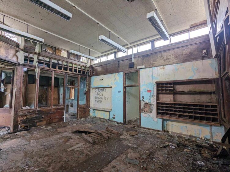Inside the decaying former Stonehaven Radio Station.