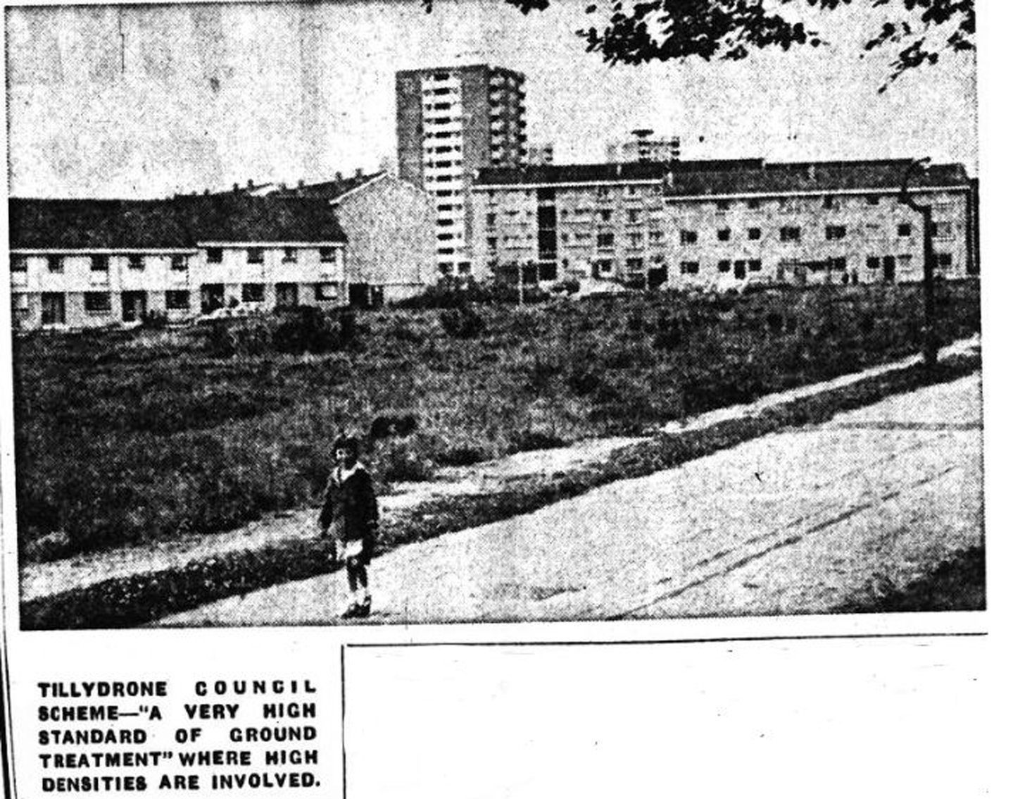 An image of Tillydrone estate in 1969 in the newspaper - the caption reads "Tillydrone council scheme - 'A very high standard of ground treatment' where high densities are involved