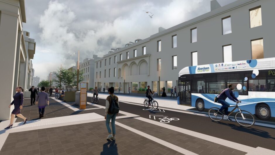 This artistic impression of Union Street central shows now the space will be used by buses and bikes once the £20m work is completed. Image: Aberdeen City Council