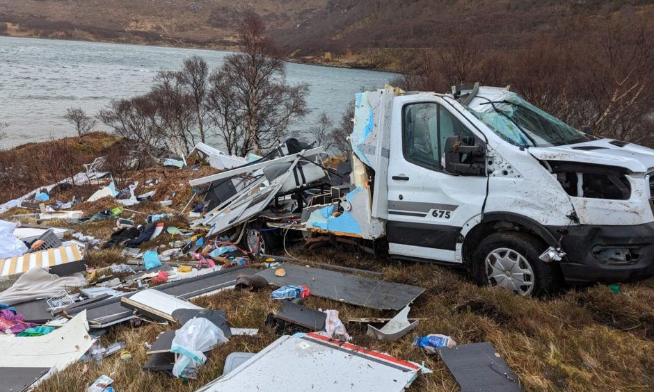 Aftermath of motorhome rolling down hill in Shieldaig.