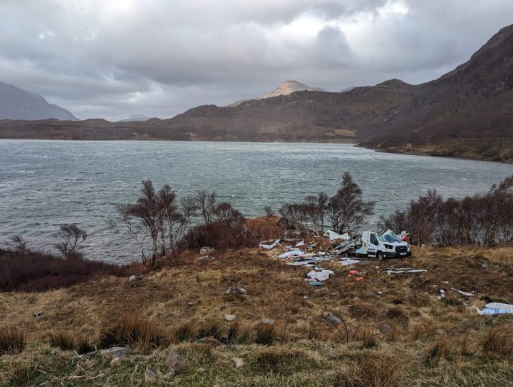 Destroyed motorhome after it was blown down the side of a cliff on the NC500.