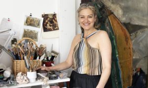Aboyne award-winning artist Stephanie Vandem smiling in her studio.