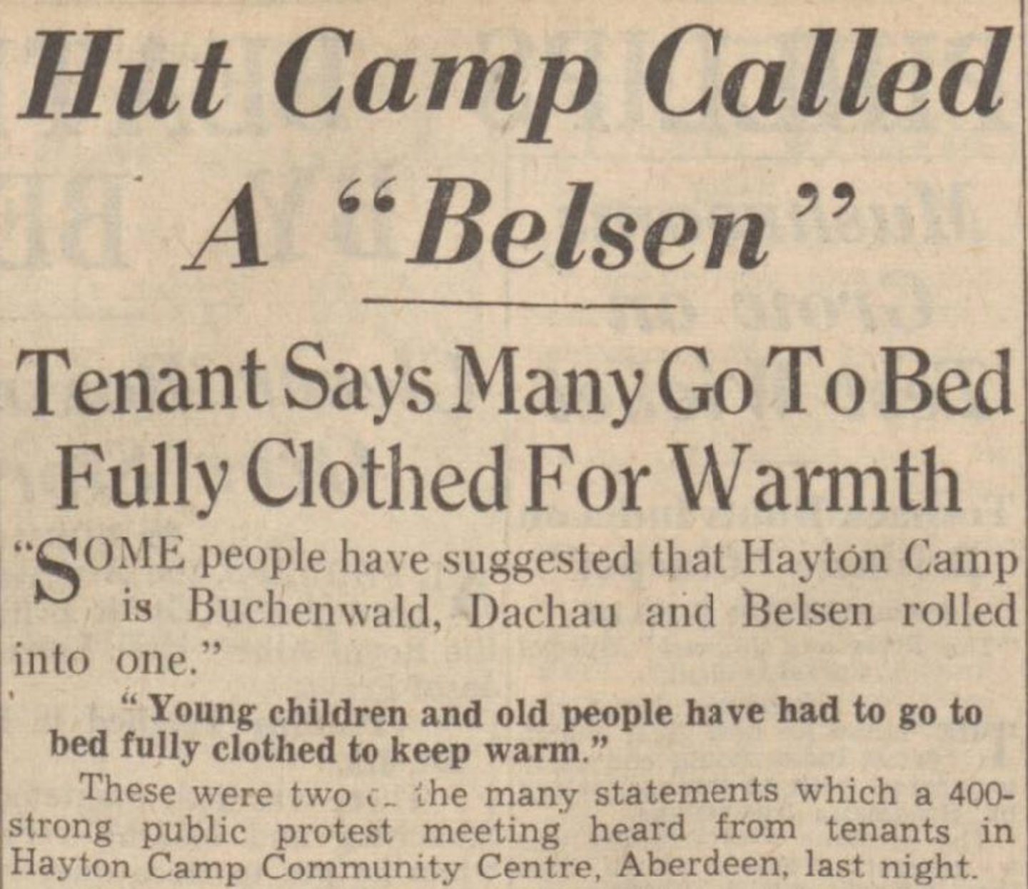A headline reading "Hut Camp Called A 'Belsen': Tenant says many go to bed fully clothed for warmth"
