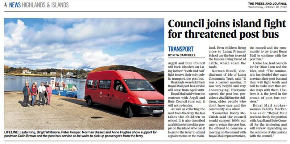 A P&J article from 2012 about the proposed Luing post bus withdrawal.