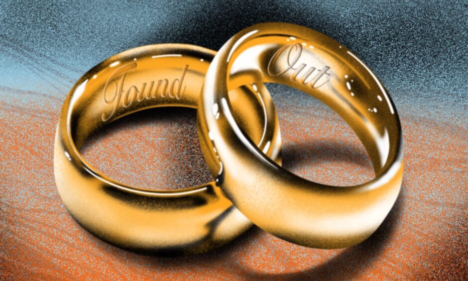 Illustration: Kate Benzie/ DC Thomson of two wedding rings with found out inscribed on them