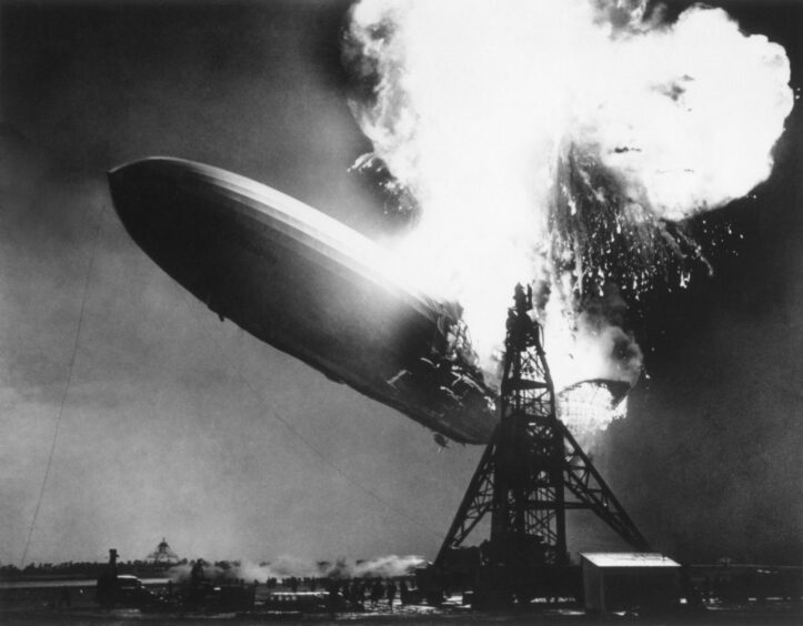 The German passenger airship Hindenburg seconds after catching fire in 1937.