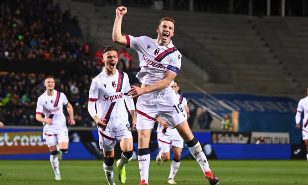 Bologna's Lewis Ferguson celebrates after scoring against Atalanta in Serie A. Image: Shutterstock
