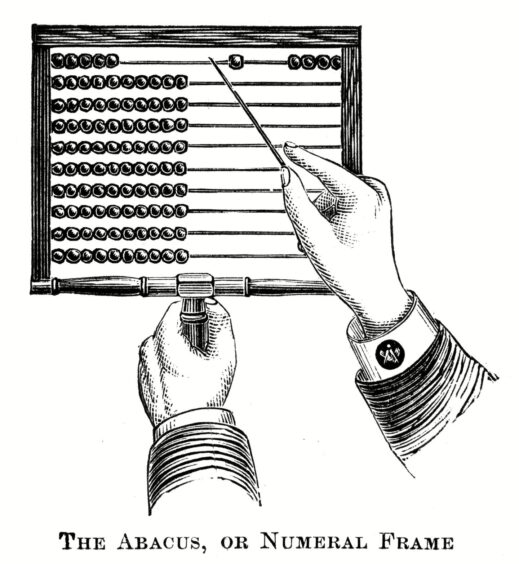 An old black and white drawing of an abacus.