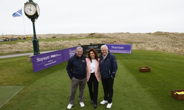 From left, Legends Tour CEO Phil Harrison, Sarah Malone, executive vice president Trump International Golf Links and 
Colin Montgomerie.. Image: Legends Tour.