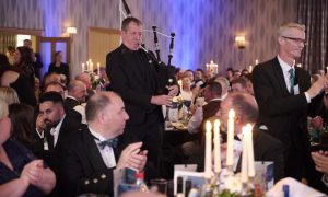 Alastair Campbell and his bagpipes helped to raise thousands of pounds for charity.