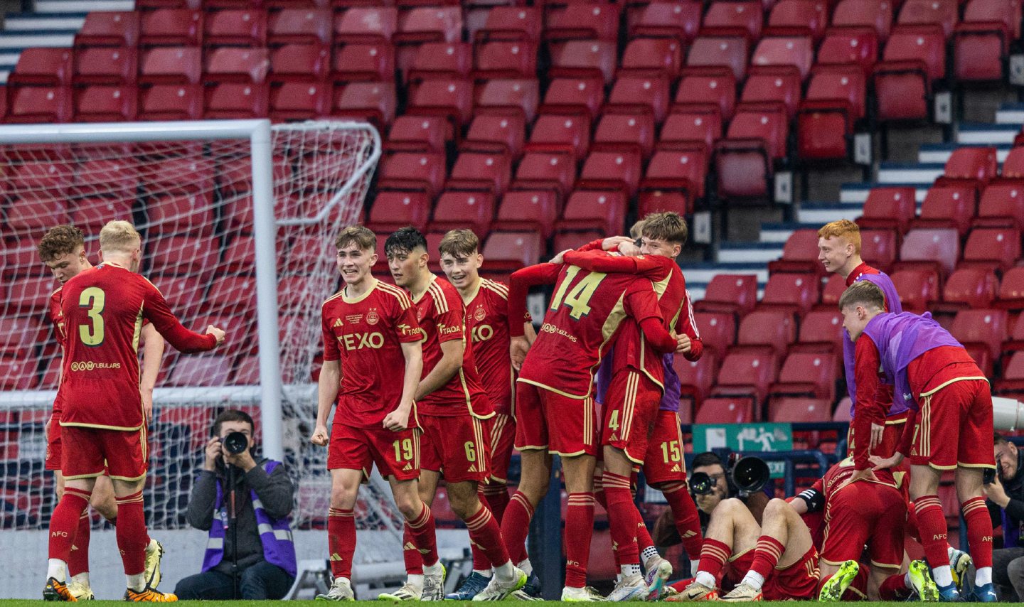 Aberdeen's Timothy Akindileni celebrates as he scores to make it 1-0 during the Scottish Youth Cup final against Rangers. Image: SNS 