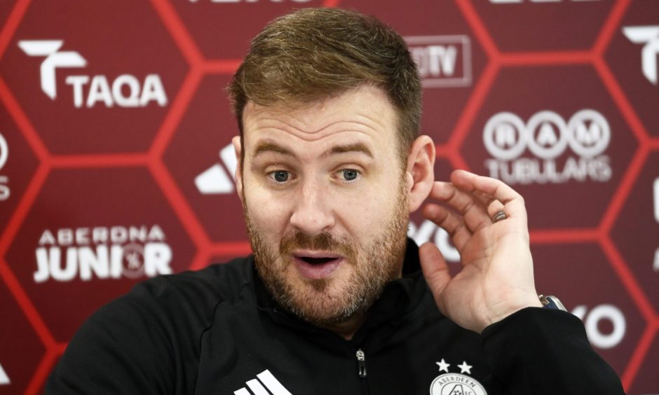 Aberdeen Interim manager Peter Leven during Aberdeen's pre-Hibs press conference at Cormack Park. Image: SNS.