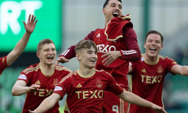 Aberdeen's Fletcher Boyd celebrates after scoring on his debut against Hibs. Image: SNS
