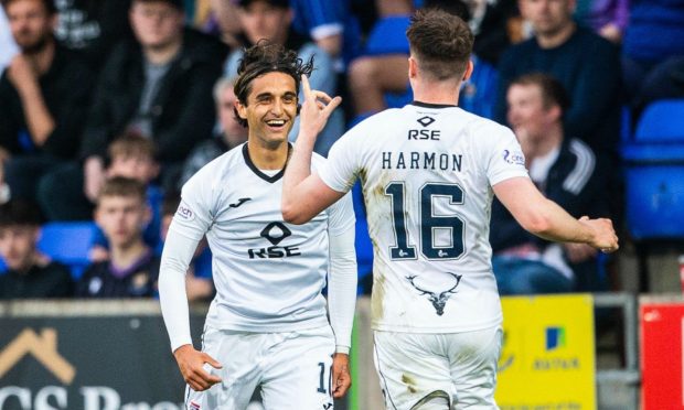 Yan Dhanda celebrates his goal against St Johnstone with George Harmon. Image: SNS