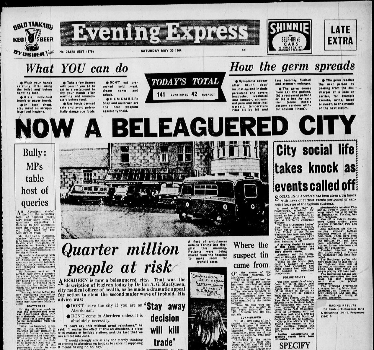 Evening Express newspaper front page from May 30, 1964 covering the typhoid outbreak in Aberdeen.
