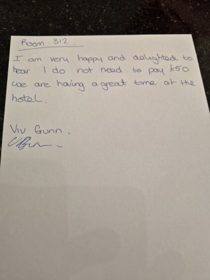 Letter to Turkey hotel from Vivi Mackie