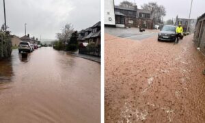 Flooding in Auchleven. Image: Bernice Gamble/ Braemar, Ballater, Deeside and Donside Weather