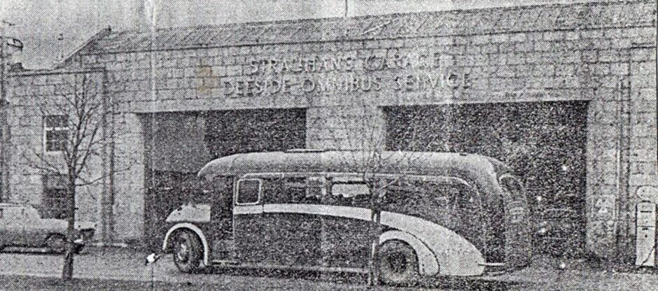 A newspaper cutting of a Strachans of Deeside Omnibus in Ballater.