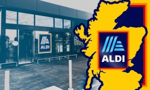 Aldi store next to yellow map with Aldi logo.