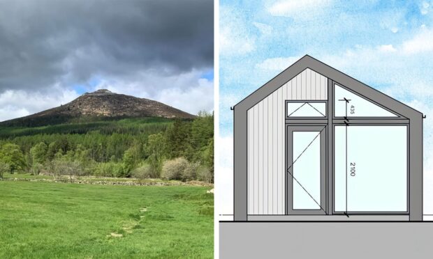 Bennachie and an artist impression of a glamping pod