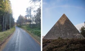 The 'Distillery Brae' and the stone pyramid of Prince Albert's cairn. Image: Google Maps (left) and Ceranna Photography  (right)