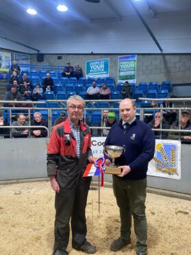 The overall honours in the pre-sale show went to George Howie, left, pictured with Steven Eddie of sponsors East Coast Viners.