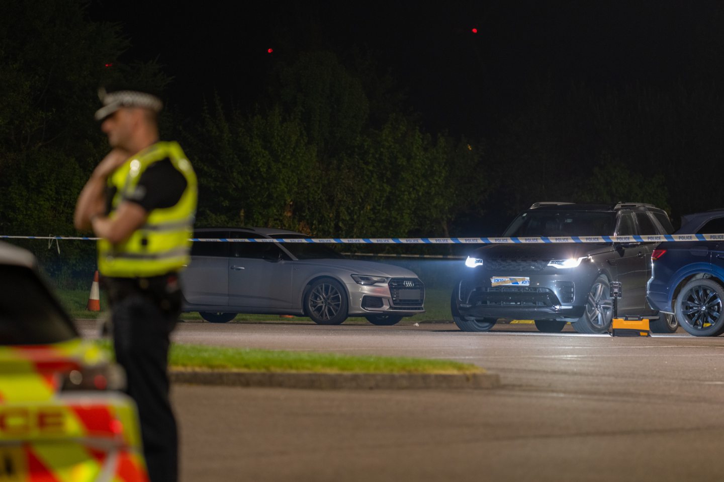 Police at the Plymouth Brethren Church car park in Balmedie following the incident.