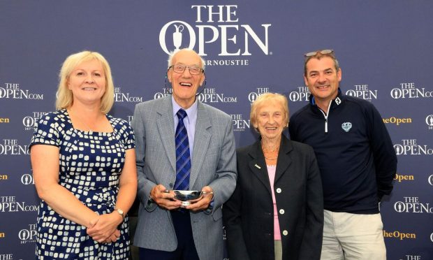 Colin Farquharson with his daughter, Elaine (left) and his wife, Ethel along with Association of Golf Writers chairman Iain Carter.