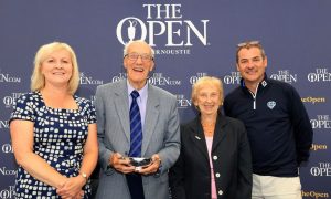 Colin Farquharson with his daughter, Elaine (left) and his wife, Ethel along with Association of Golf Writers chairman Iain Carter.