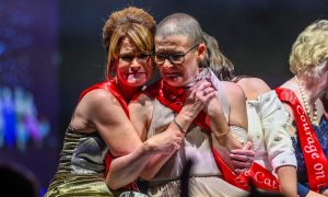 Elaine Logue, left, dances with a fellow Courage model on Sunday night. Image: Darrell Benns/DC Thomson