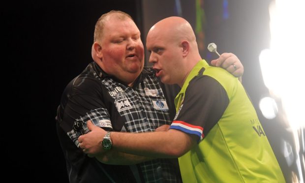 John Henderson and Michael Van Gerwen after their 6-6 draw at the AECC. Image: Kath Flannery/DC Thomson.