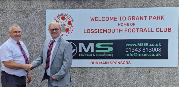 New Lossiemouth manager Eddie Wolecki Black, right, with Lossiemouth's chairman Alan McIntosh. Wolecki Black was appointed on May 19 2024.
Image: Lossiemouth FC.