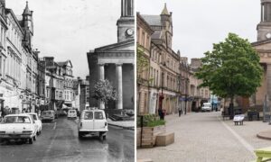 Split image of Elgin High Street in 1977 and today.