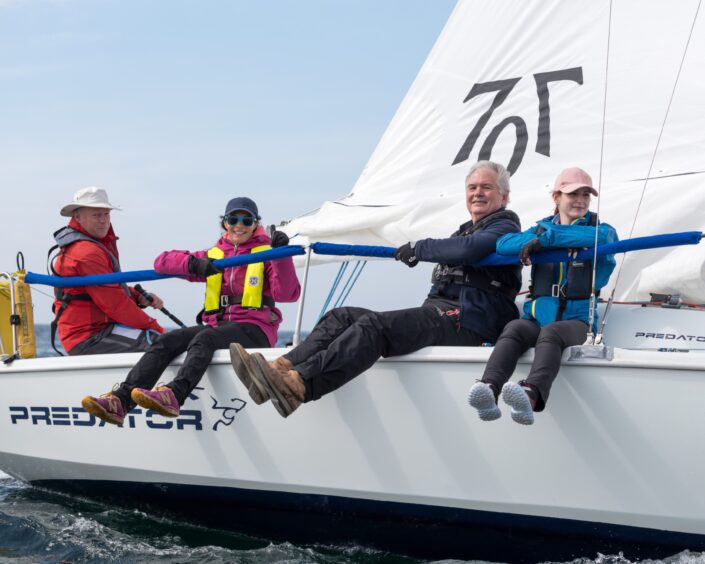 Gayle joins Banff Sailing Club for a taster session. L-R: Alistair Mackie, Gayle Ritchie, Bob Maycock and Polina Khodareva. Image: Brian Smith/Jasperimage.