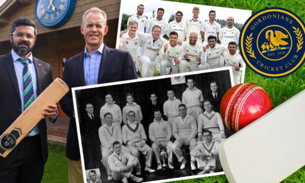An image for a piece about the 100th anniversary of Gordonians Cricket Club, which played it's first game on May 17 2024.

In the picture is club captain Indy Pandit, left, and president Simon Hounsome and the 2016 treble-winning Gordonians team (top) and the 1939 Three Counties Cup winning team (bottom).

Pandit and Hounsome picture was taken by Darrell Bens/DCT Media. Image created on May 16 2024 by DCT Design Desk.