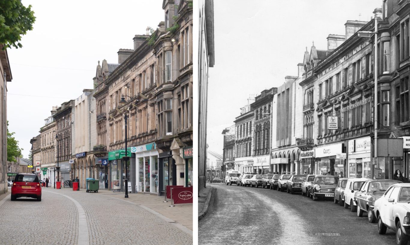 Collage showing Elgin High Street in 1977 and today. 