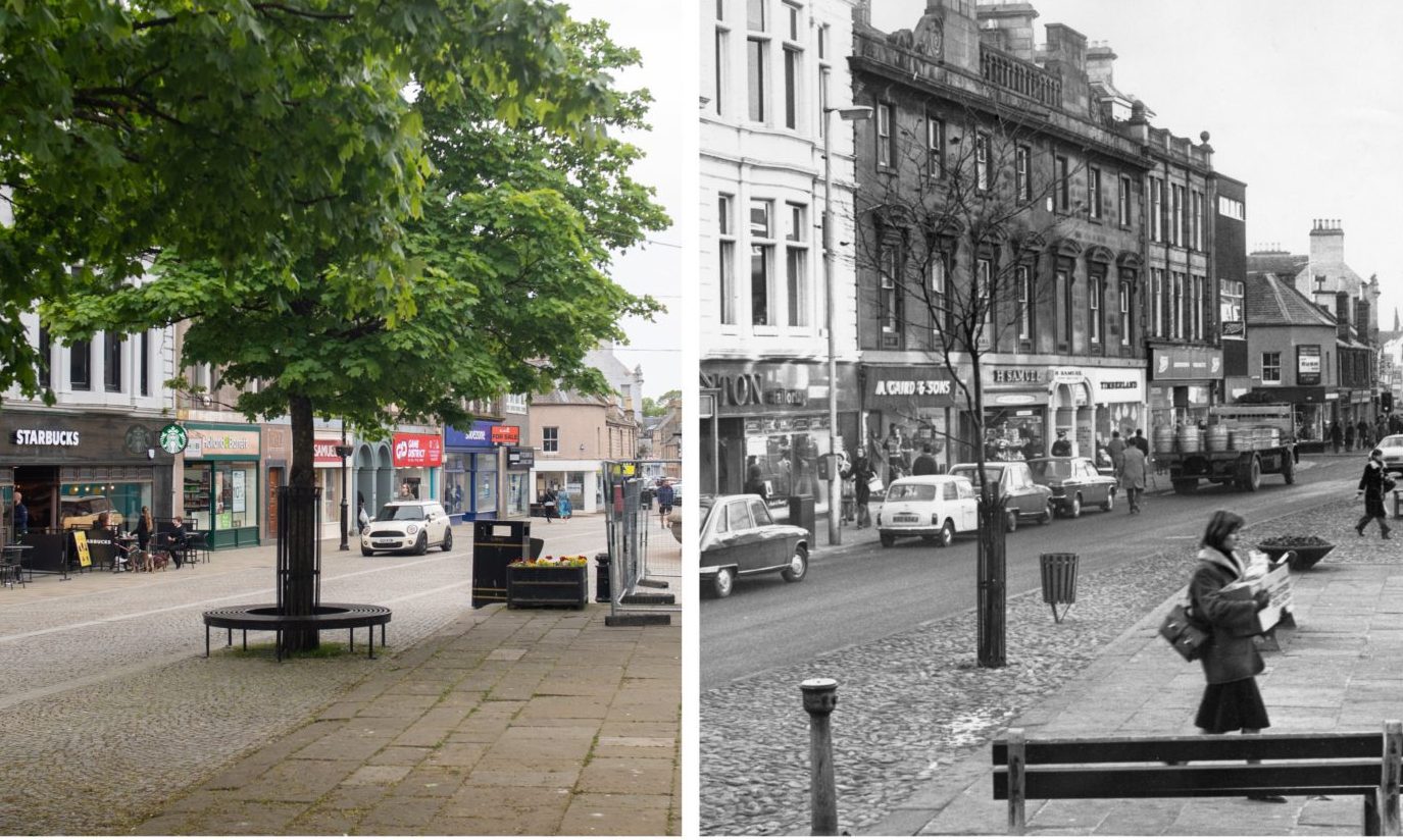 Elgin High Street in 1977 and today collage image. 