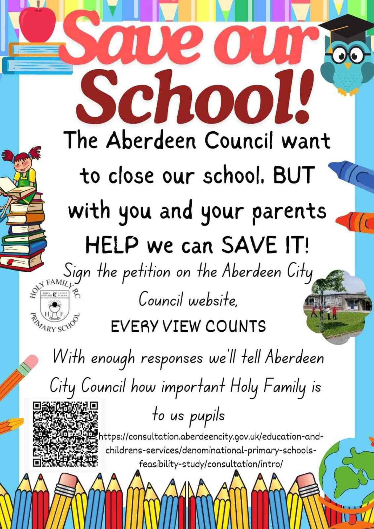 Save our school poster from the Holy Family RC Primary School community.