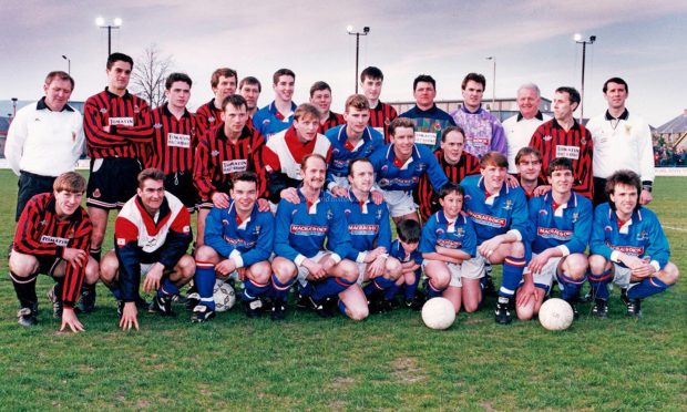 The last derby match between Caledonian FC and Inverness Thistle FC, in May 1994. Back row: P. Simon (linesman), Alan Moir, Darren McLauchlan, Roddy Davidson, Billy Urquhart, Alan Smart, Dave Milroy, Steven Macdonald, Jim Calder, Robin Gray, Terry McDonagh (Linesman), Allan Stevenson, Alan Freeland (Referee)

Middle: Martin Murphy, Danny Macdonald, Colin Skinner, Charlie Christie, Alan Macdonald, Kevin Sweeney

Front: lain Polworth, Martin Lisle, Dave Brennan, Kevin Mann, Wilson Robertson, Alan Hercher jnr. (mascot), Kevin McLeod (mascot), Mike Noble, Mike Andrew, Billy Skinner. Image: Am Baile