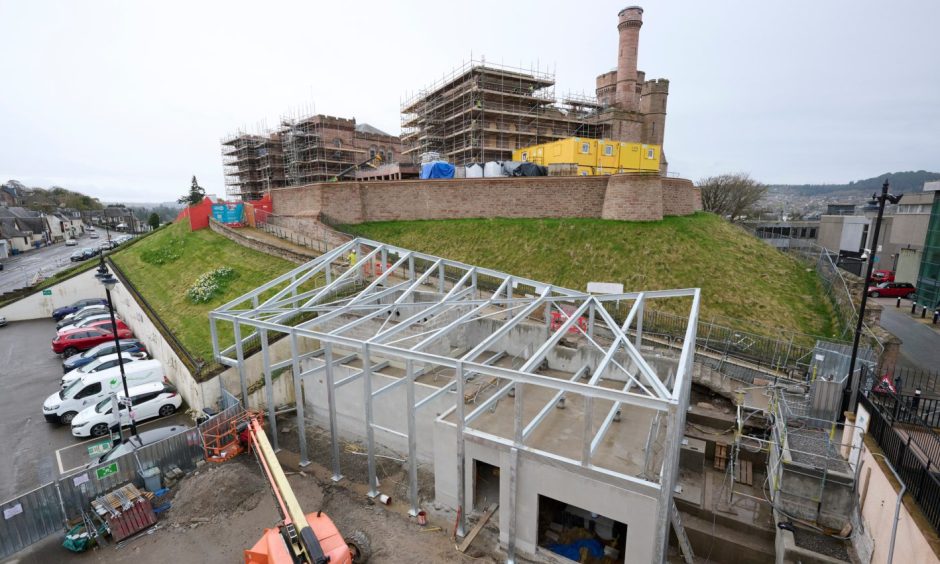 Scaffolding surrounding Inverness Castle under construction