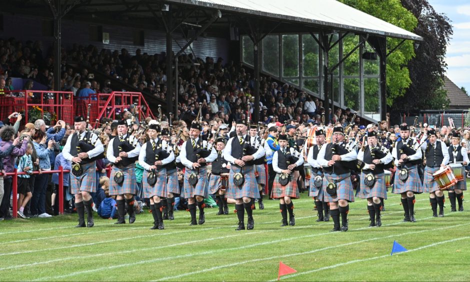 The massed pipes and drums at Inverness Highland Games